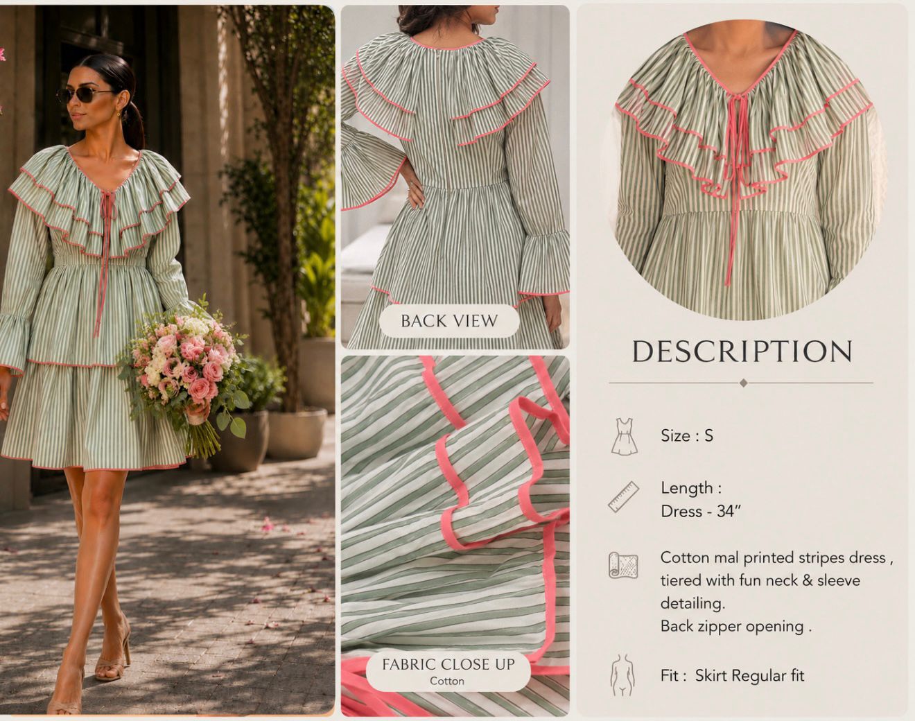 Cotton mal printed stripes dress, tiered with fun neck & sleeve detailing. Back zipper  opening