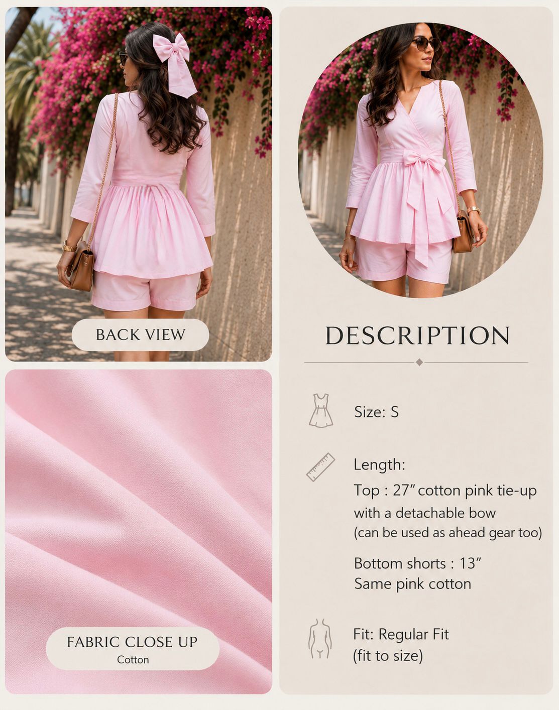 Cotton pink tie-up with a detachable bow Top