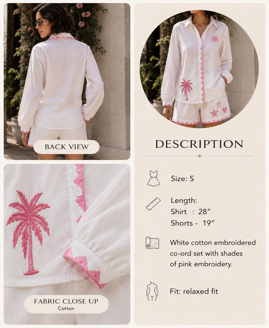 White cotton embroidered GMB Shirt with shades of pink embroidery.