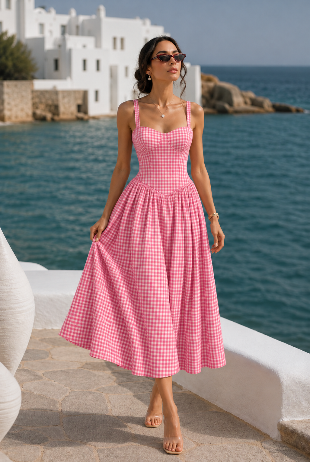 Woven red & white/ Pink & white cotton checks dress