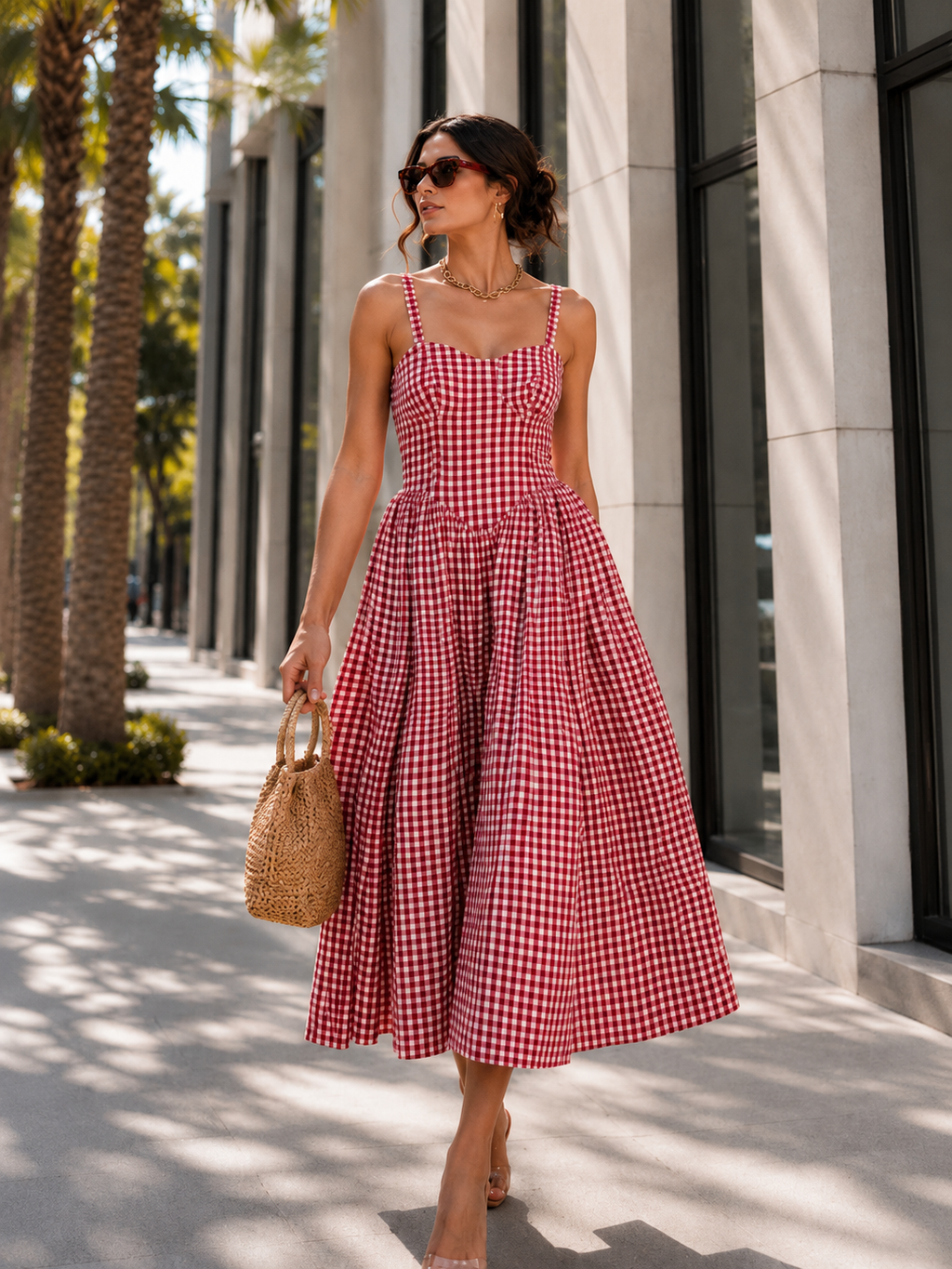 Woven red & white cotton checks dress