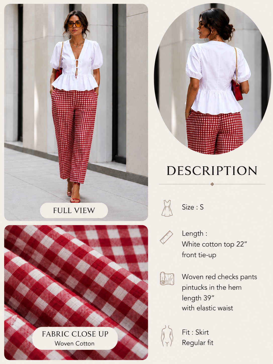 Red woven checks pants with pintuck hem and elastic waist styled with white woven cotton top