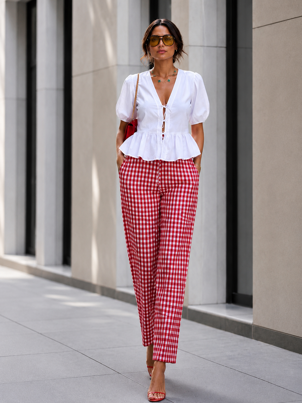 Red woven checks pants with pintuck hem and elastic waist styled with white woven cotton top