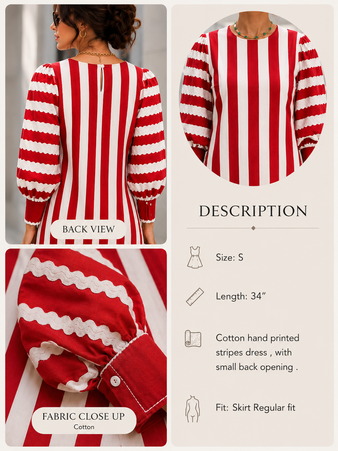 Hand printed striped cotton dress with small back opening, view 5