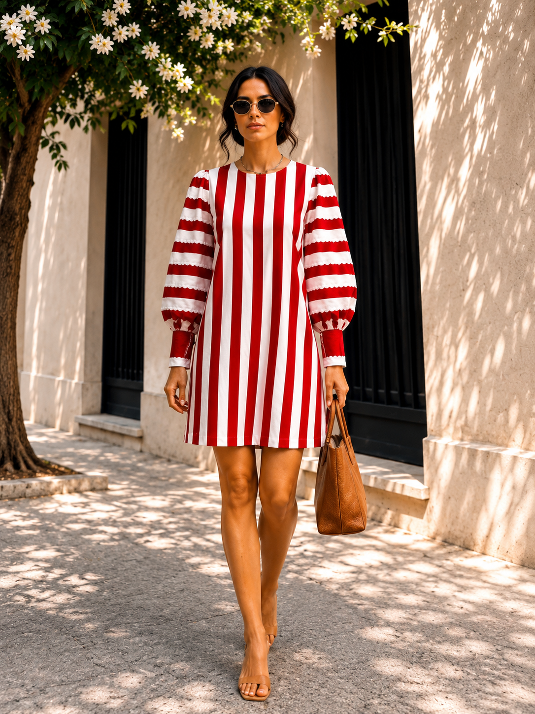 Hand printed striped cotton dress with small back opening, view 4