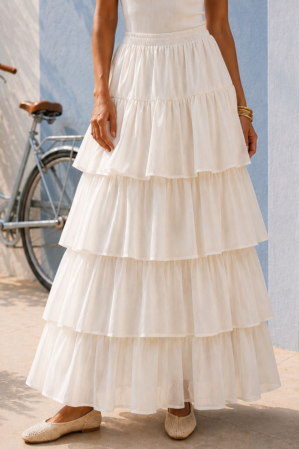 Off-white tiered Chanderi maxi skirt, view 3