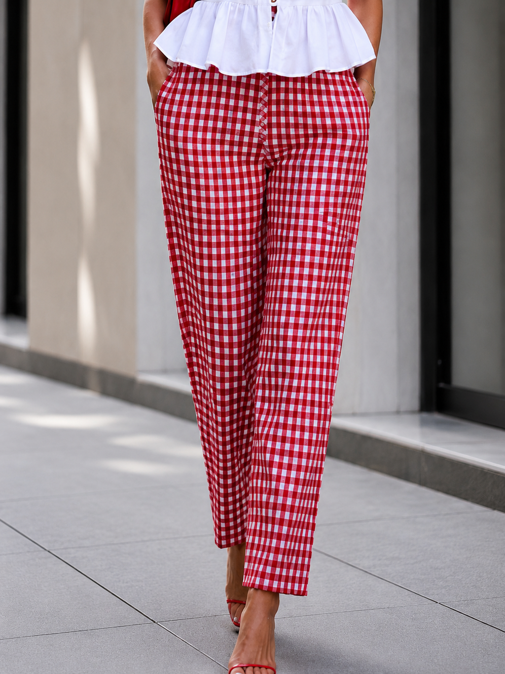 Red woven checks pants with pintuck hem and elastic waist, view 3