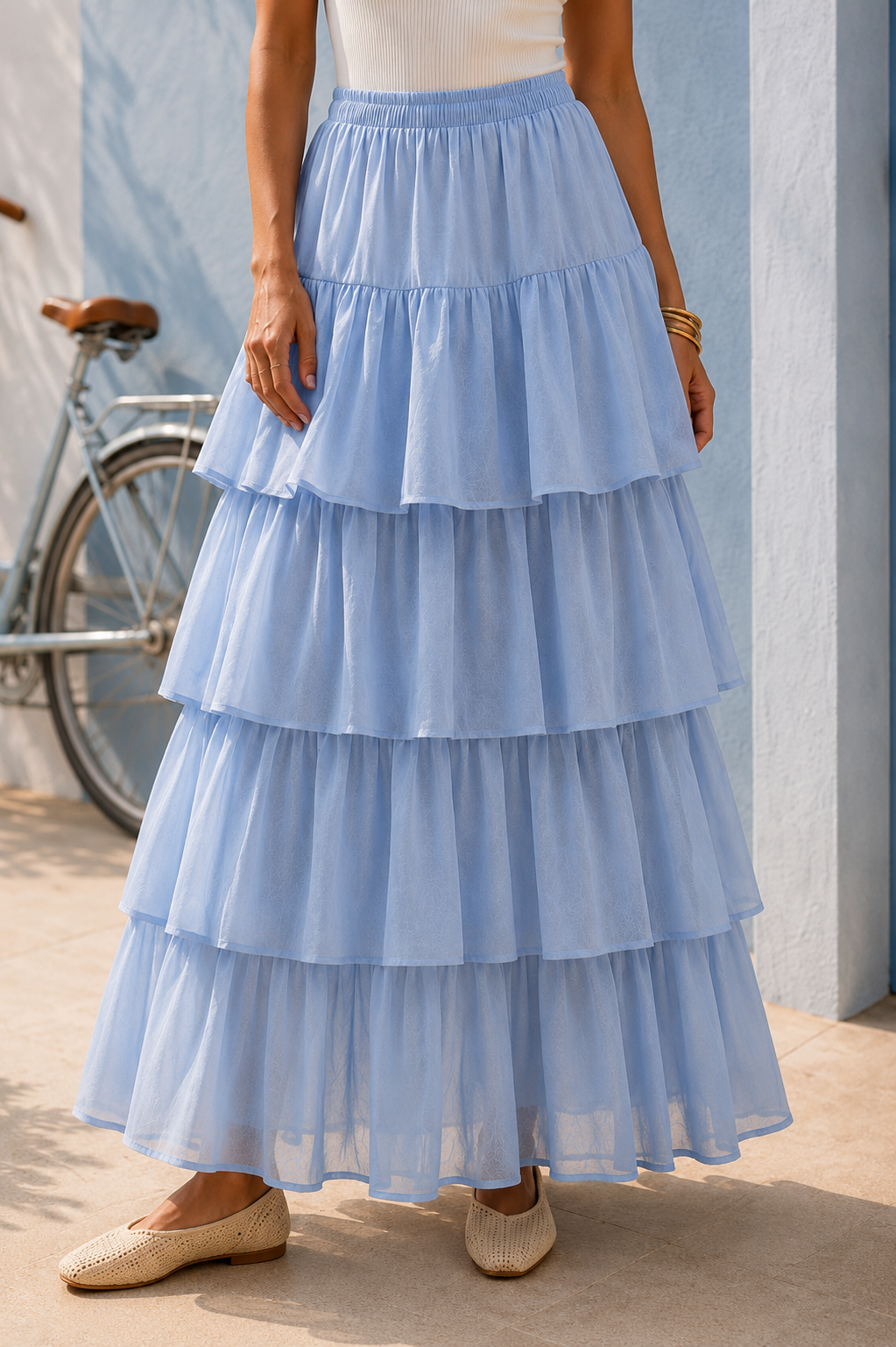 Blue Tiered Chanderi Skirt