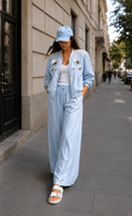 Blue Chanderi pants with elastic waist , side pockets & tie