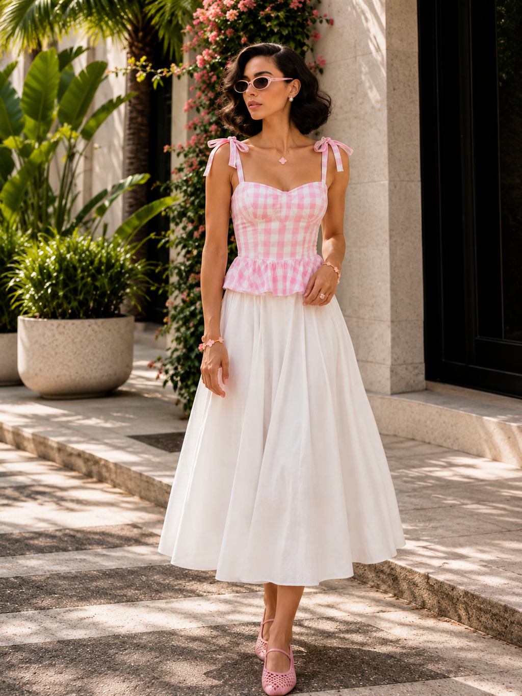 White cotton poplin skirt pleated at the waist styled with pink woven checks top with back zipper