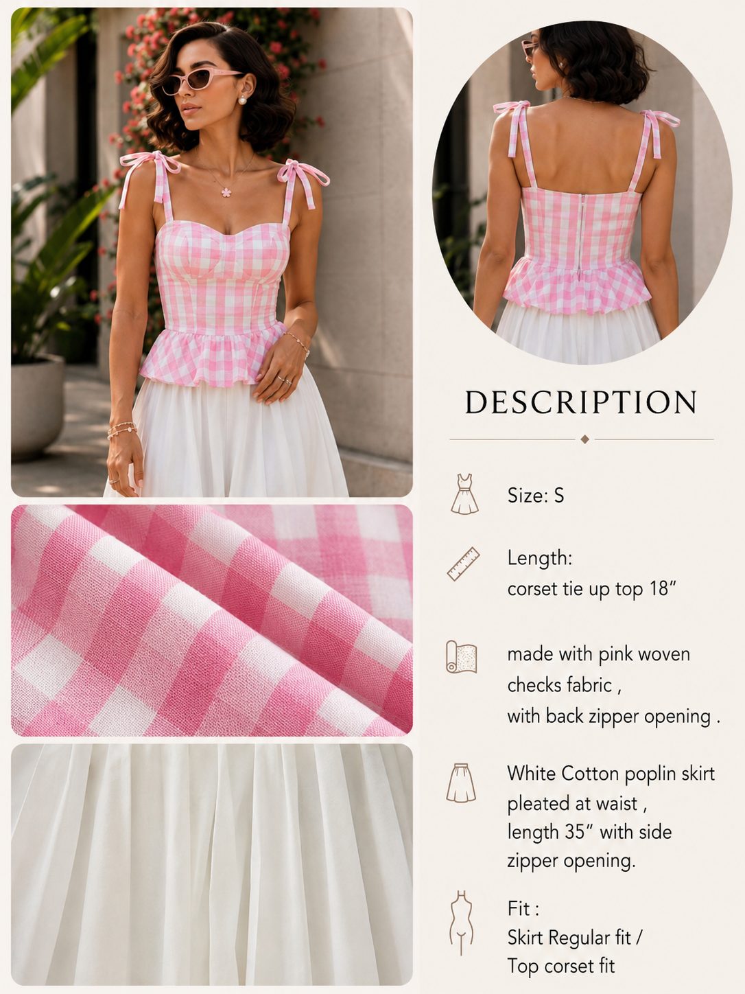 White cotton poplin skirt pleated at the waist styled with pink woven checks top with back zipper