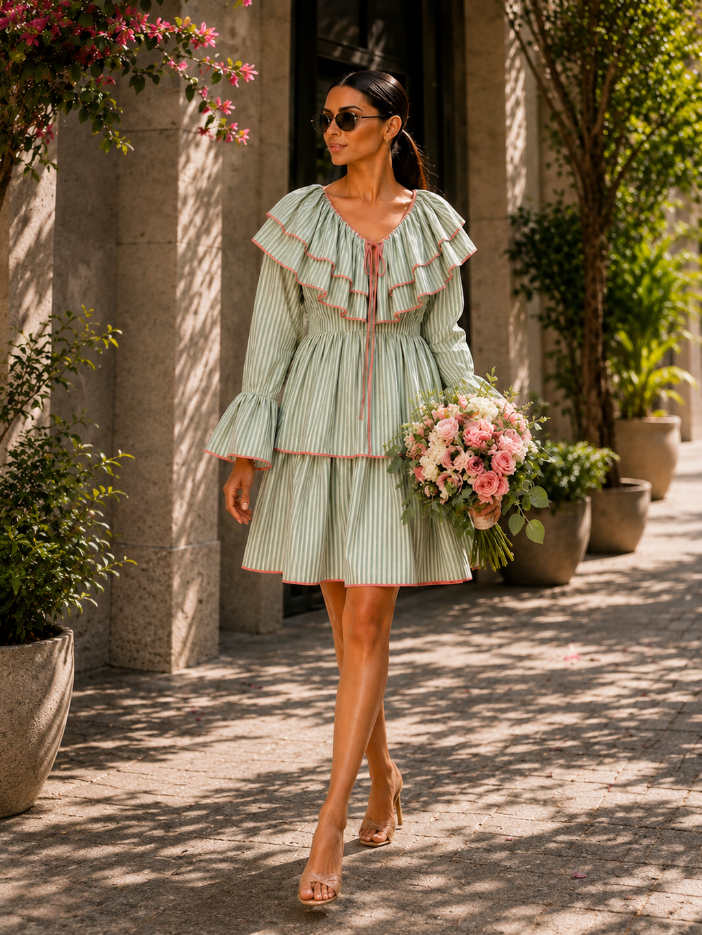 Cotton mal printed stripes dress, tiered with fun neck & sleeve detailing. Back zipper  opening