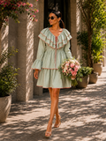 Cotton mal printed stripes dress, tiered with fun neck & sleeve detailing. Back zipper  opening
