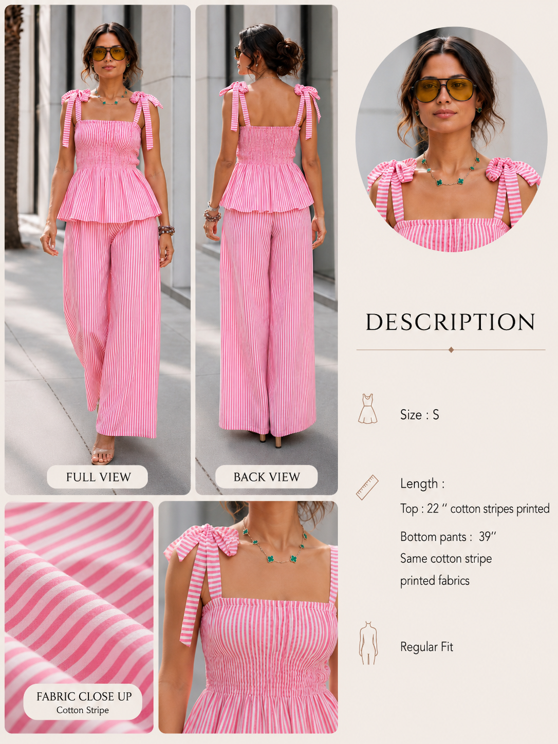 Pink striped printed cotton top styled with pink striped printed cotton pants