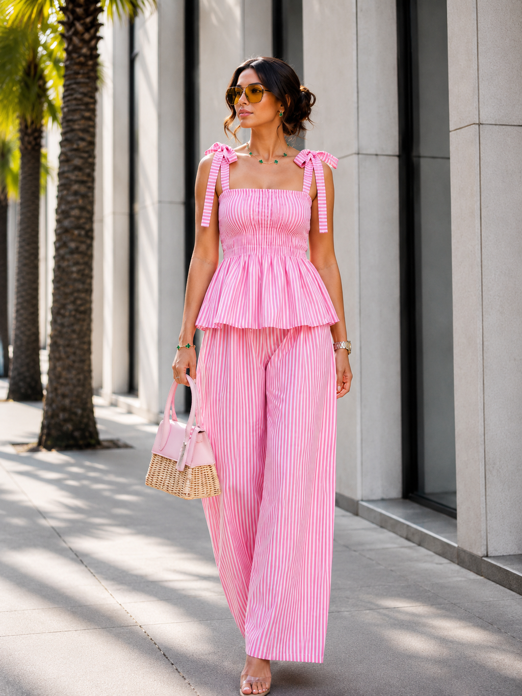 Pink striped printed cotton top styled with pink striped printed cotton pants