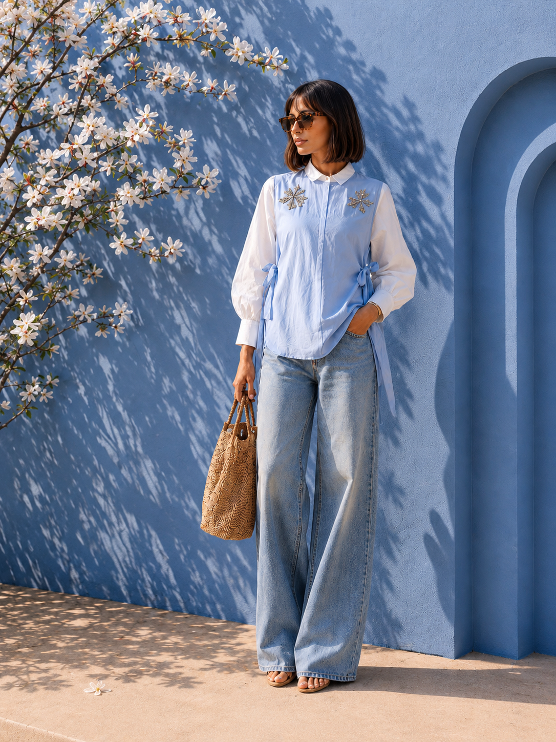 Blue Chanderi Tie-Up Overlay