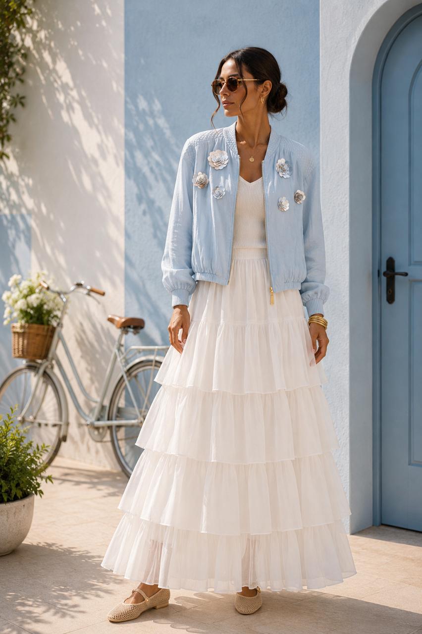 Tiered Chanderi Off White Skirt