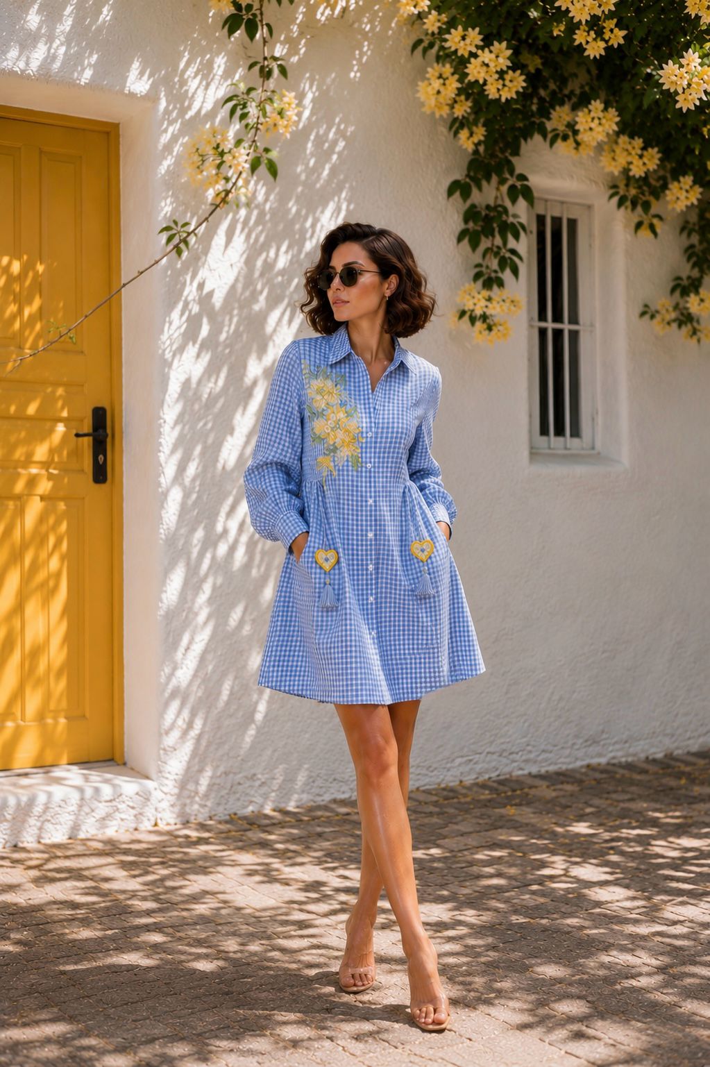 Blue Gingham Embroidered Shirt Dress