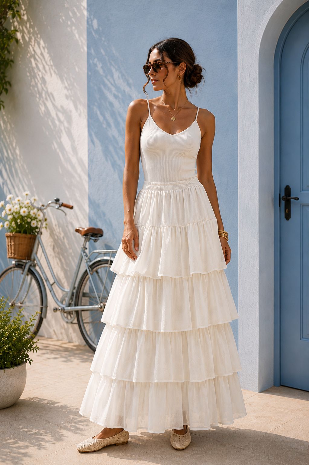 Tiered Chanderi Off White Skirt