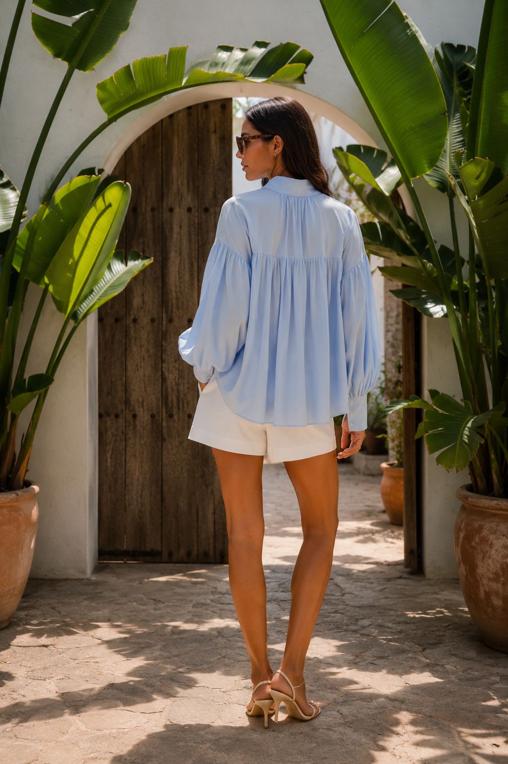 Cotton long sleeve shirt with tie front detail and button cuff