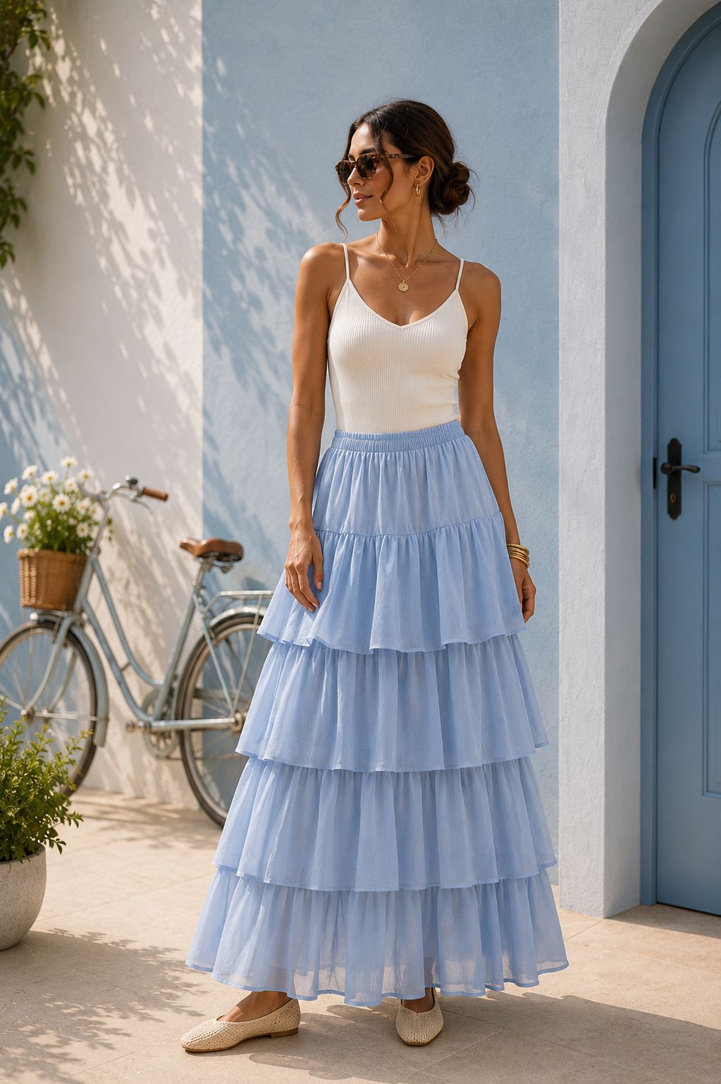 Blue Tiered Chanderi Skirt