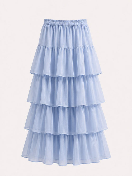 Blue Tiered Chanderi Skirt