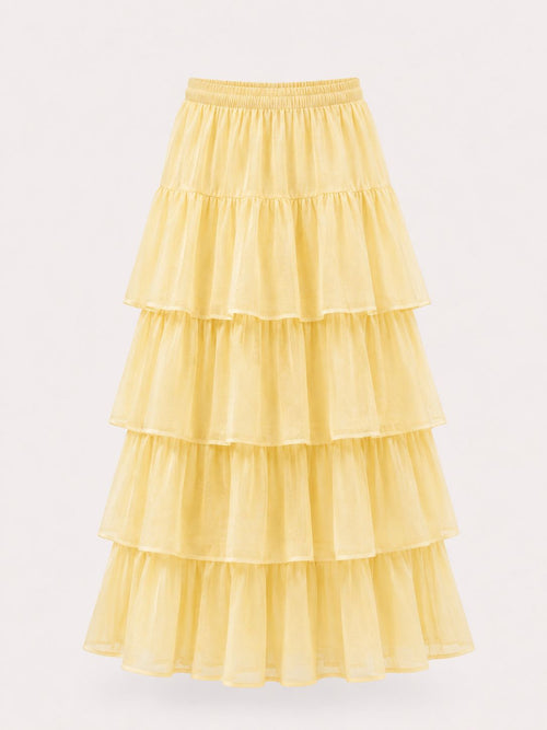 Butter yellow tiered Chanderi maxi skirt, view 2