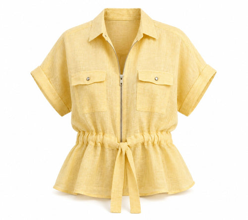 Butter yellow linen zip-up top with drawstring waist, view 2