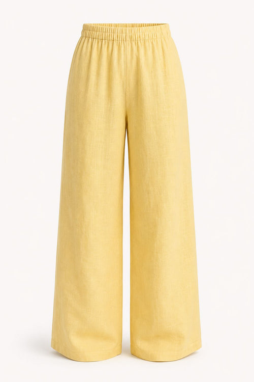 Butter yellow linen wide-leg pants, view 2