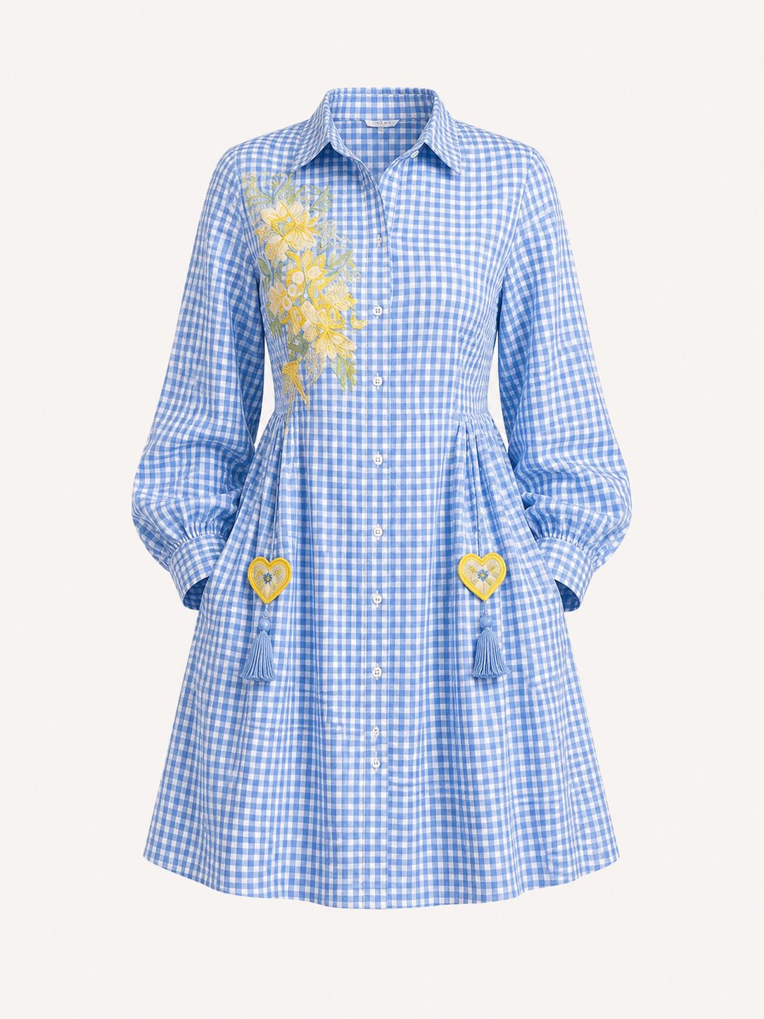 Blue Gingham Embroidered Shirt Dress