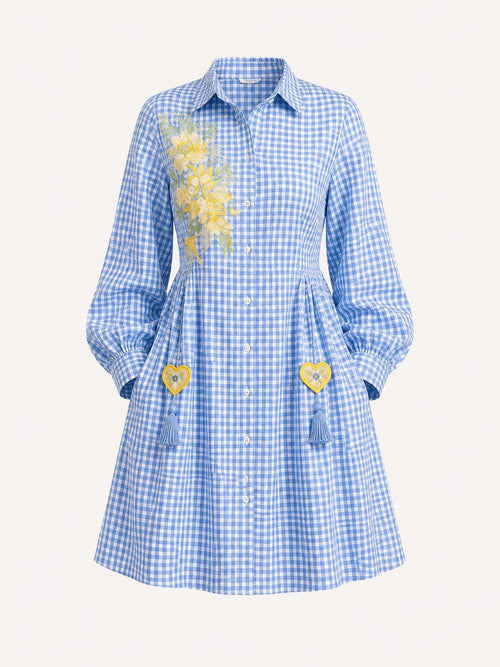 Blue Gingham Embroidered Shirt Dress