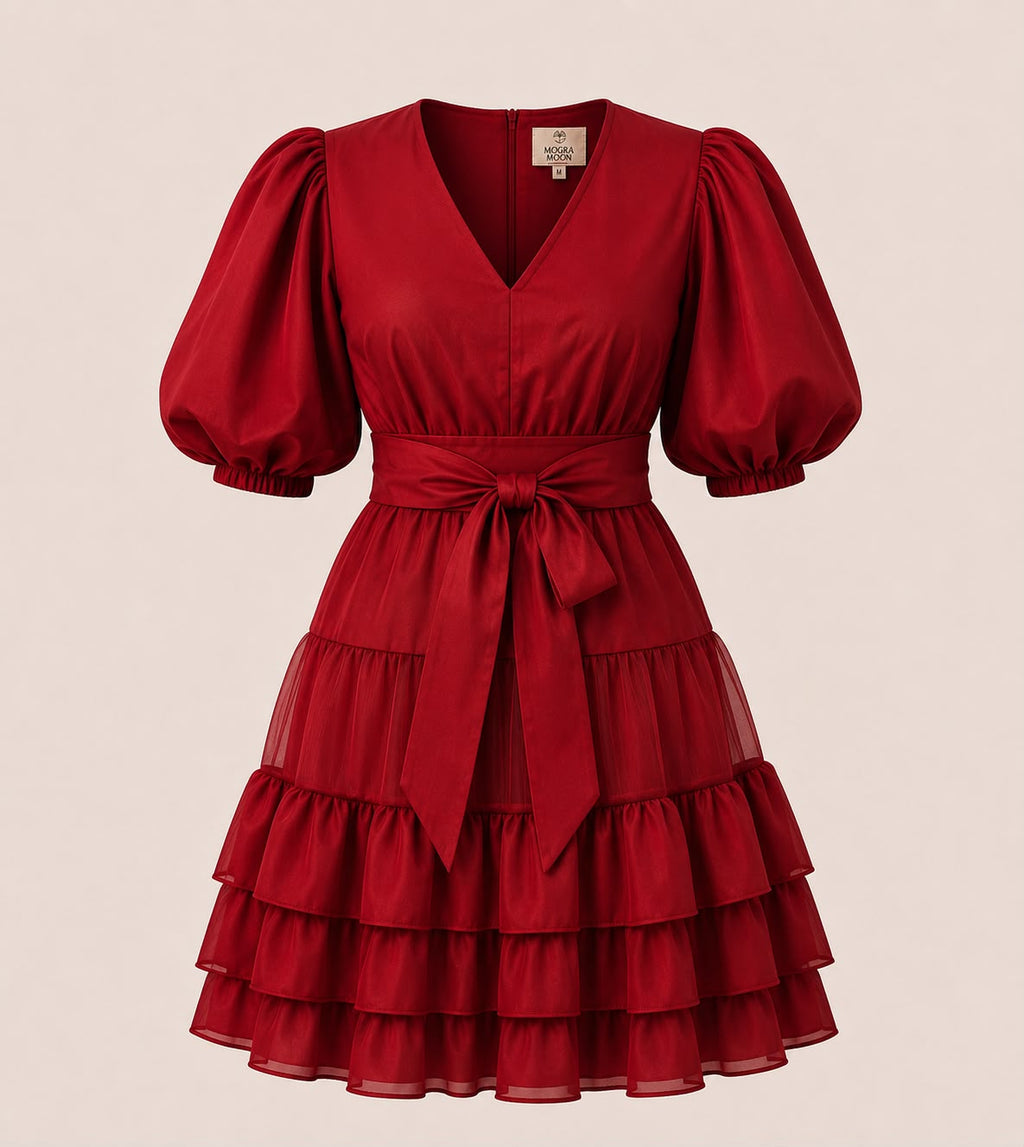 Solid red poplin cotton fabric Dress