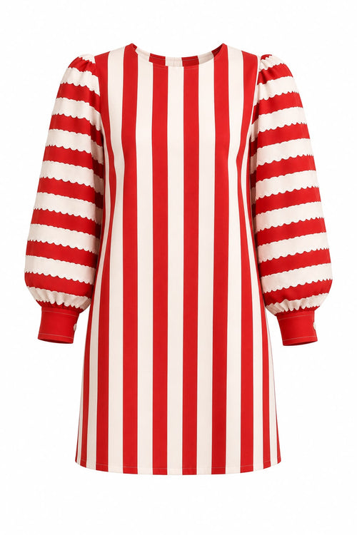 Hand printed striped cotton dress with small back opening, view 2