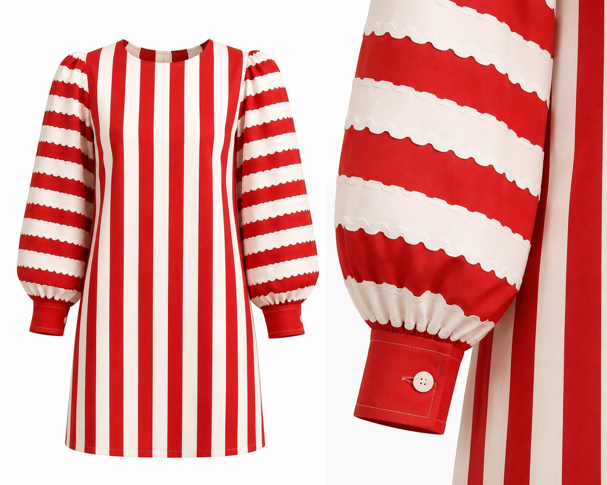 Hand printed striped cotton dress with small back opening, view 3