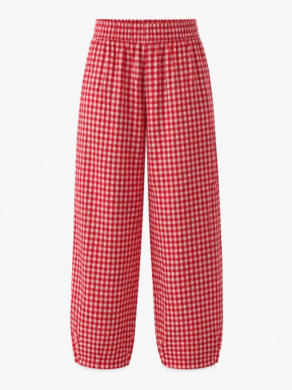 Red woven checks pants with pintuck hem and elastic waist, view 2