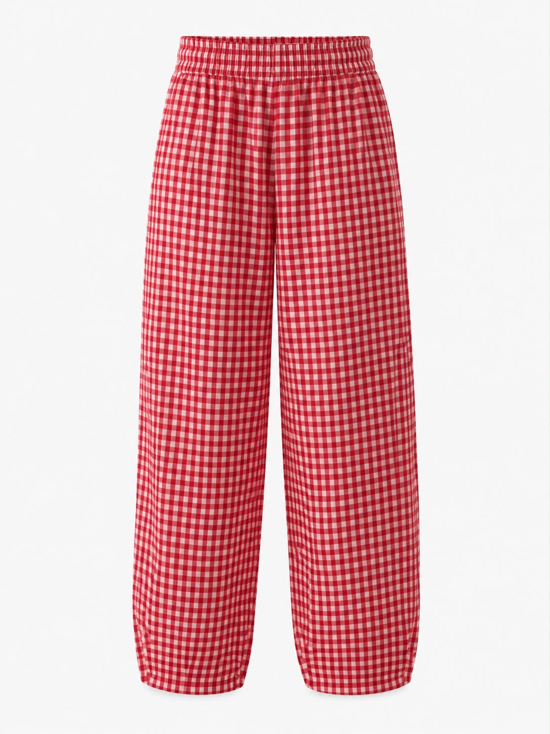 Red woven checks pants with pintuck hem and elastic waist, view 2