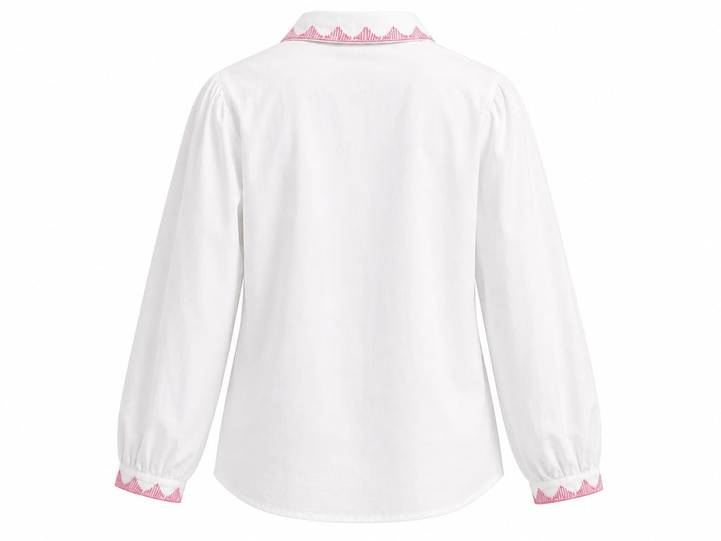 White cotton embroidered GMB Shirt with shades of pink embroidery.