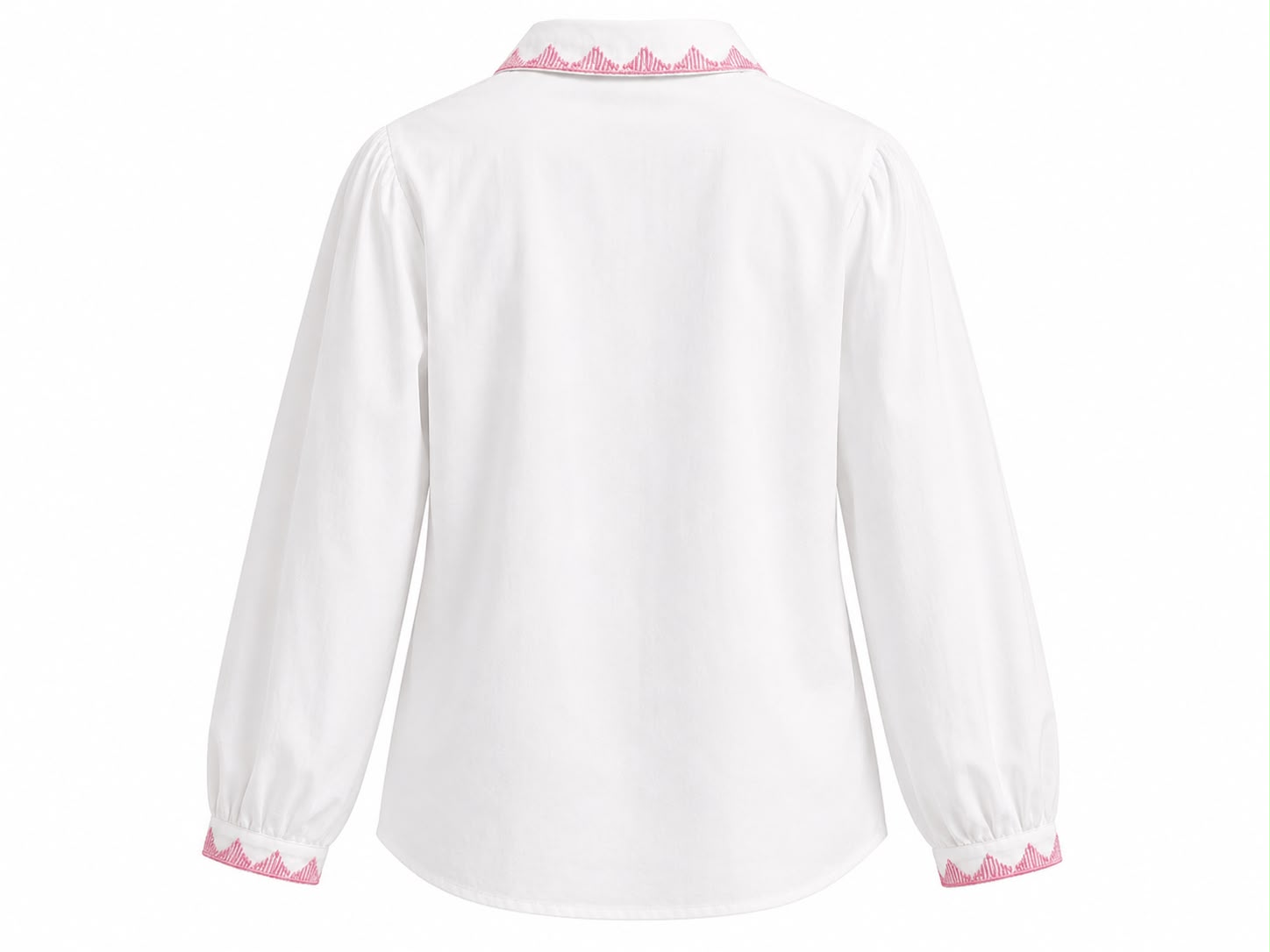 White cotton embroidered GMB Shirt with shades of pink embroidery.