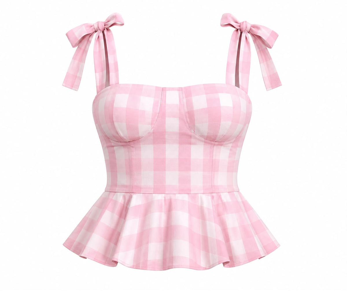 Pink woven checks top with back zipper, view 2