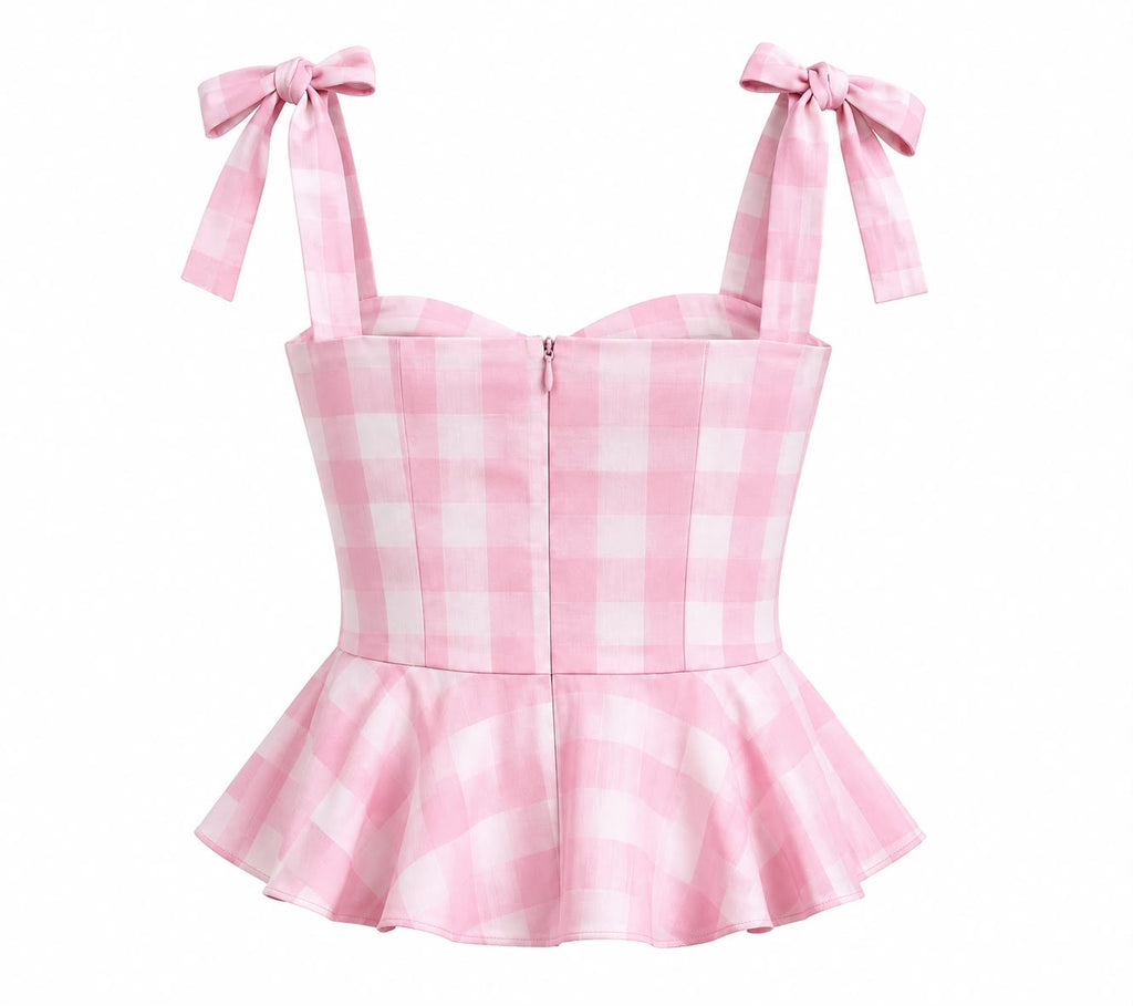 Pink woven checks top with back zipper, view 3