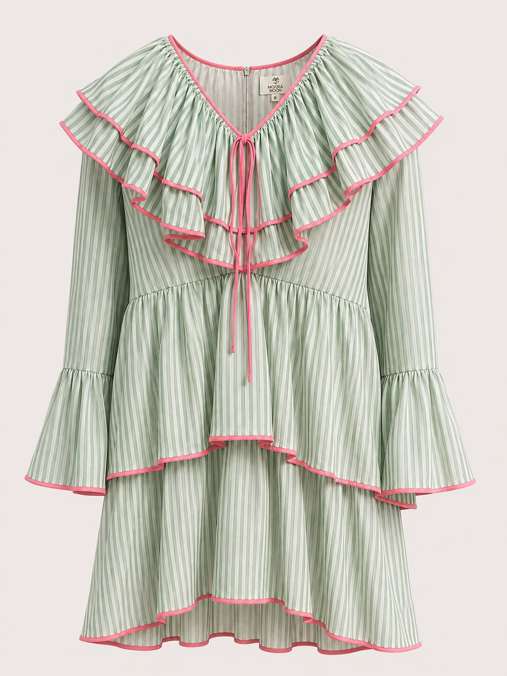 Cotton mal printed stripes dress, tiered with fun neck & sleeve detailing. Back zipper  opening