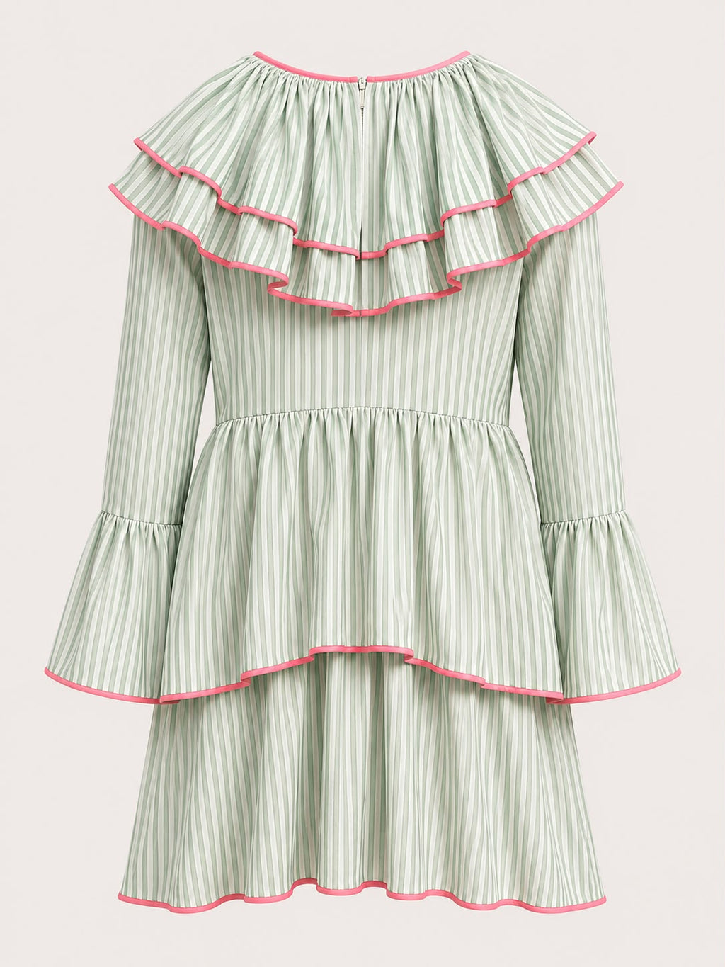 Cotton mal printed stripes dress, tiered with fun neck & sleeve detailing. Back zipper  opening