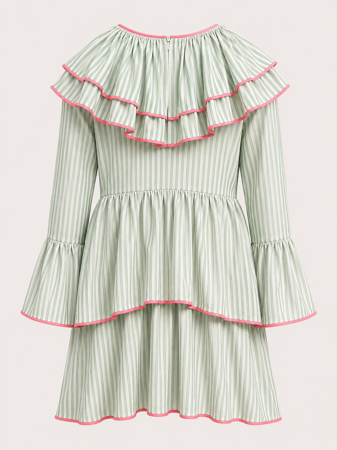 Cotton mal printed stripes dress, tiered with fun neck & sleeve detailing. Back zipper  opening