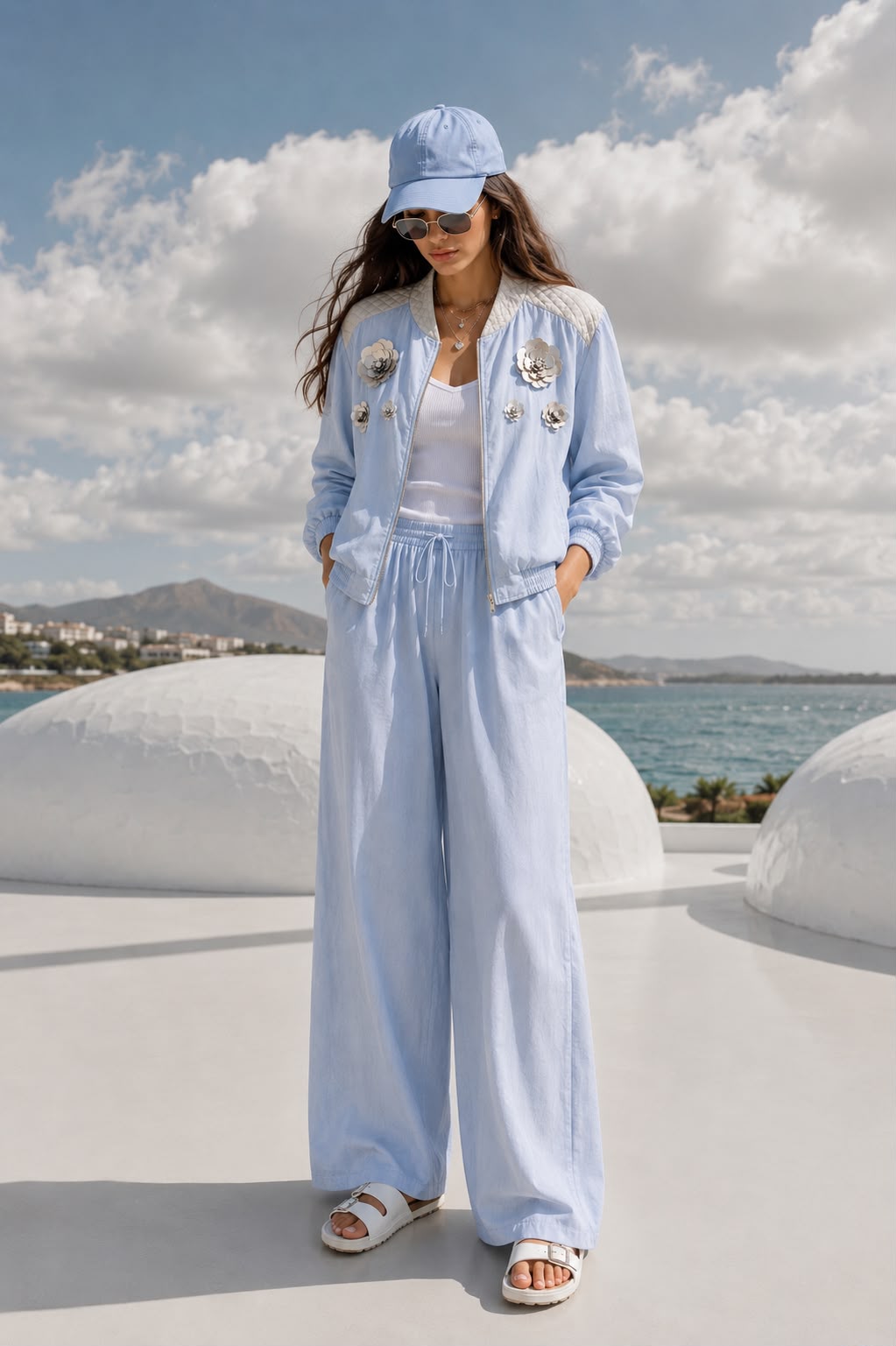 Blue Chanderi pants with elastic waist , side pockets & tie