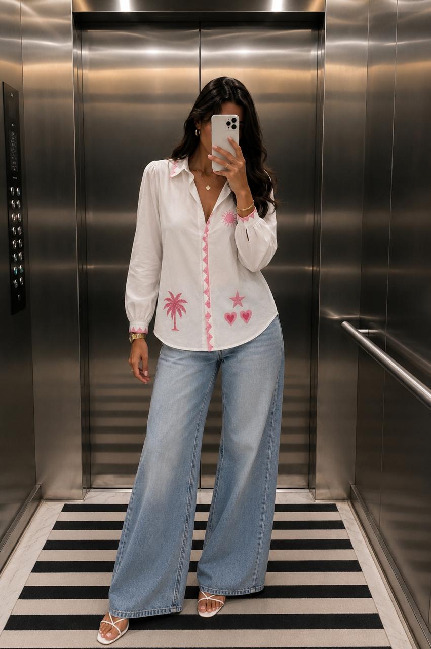 White cotton embroidered GMB Shirt with shades of pink embroidery.