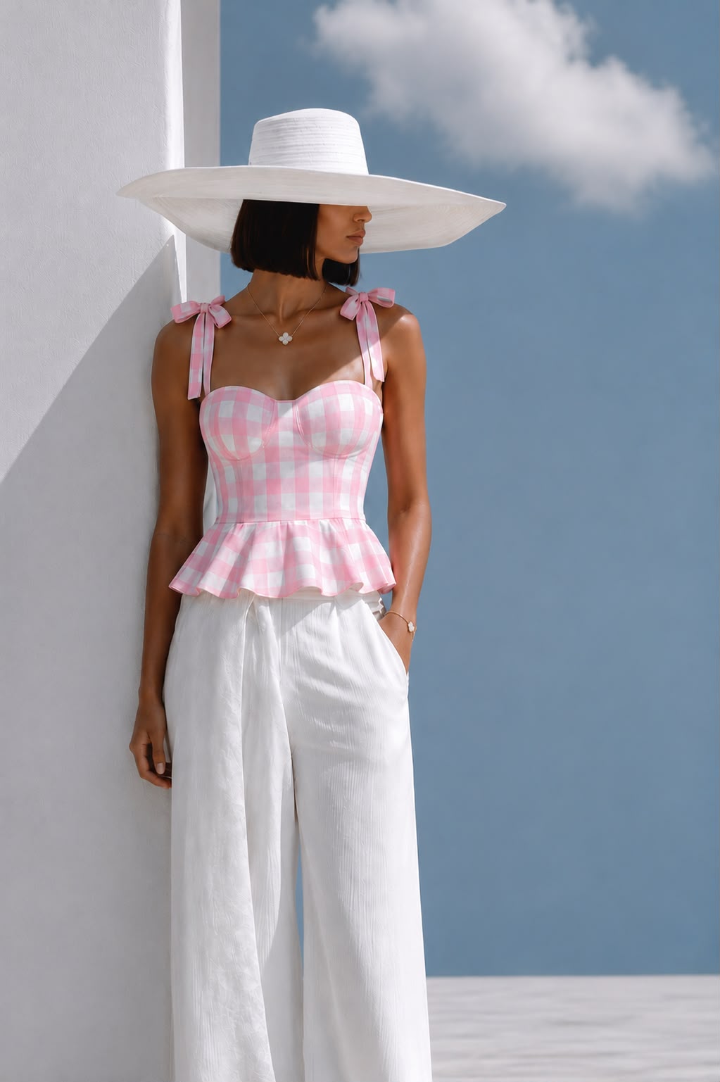 Pink woven checks top with back zipper