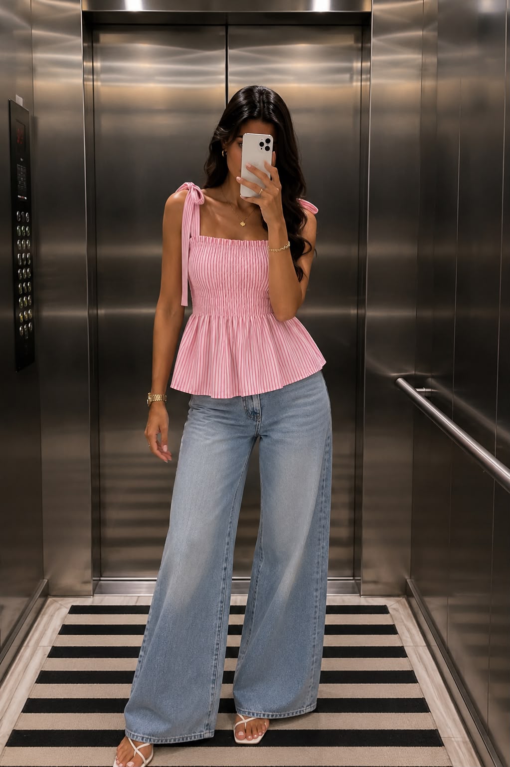 Pink striped printed cotton top