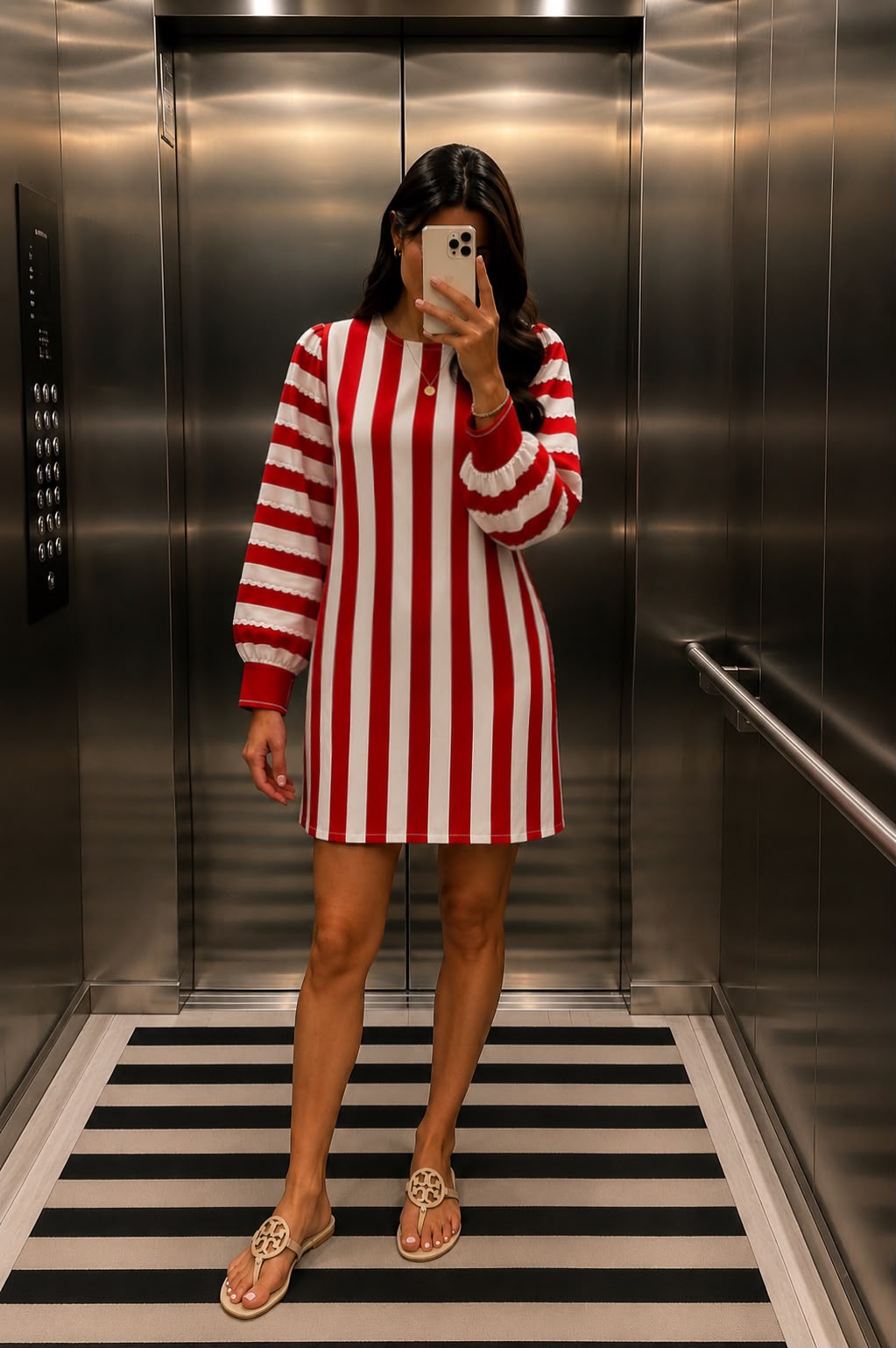 Hand printed striped cotton dress with small back opening