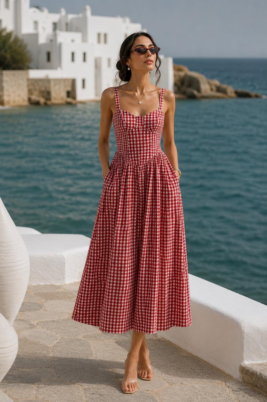Woven red & white cotton checks dress