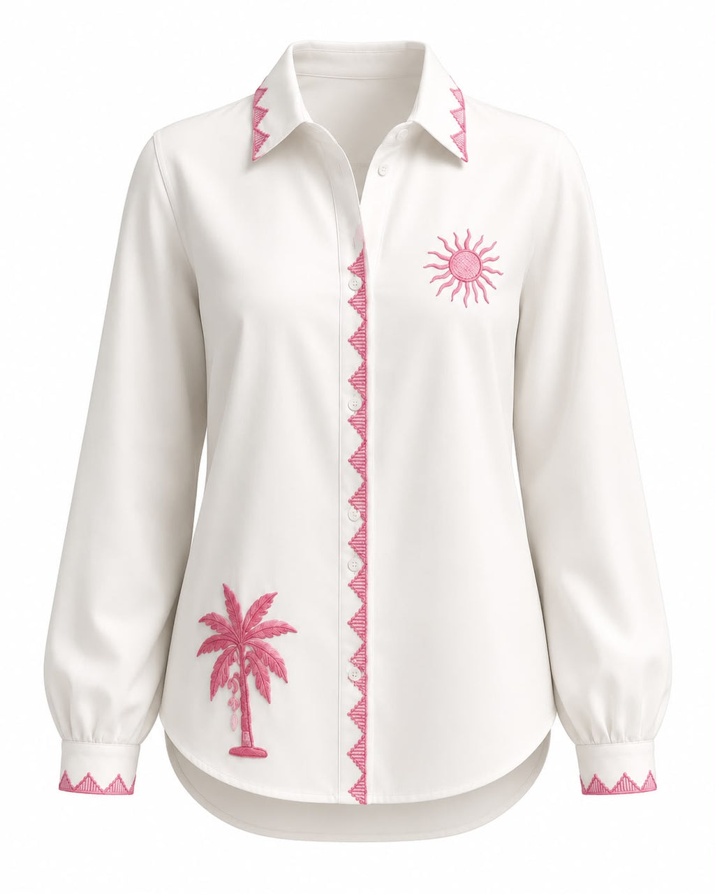 White cotton embroidered GMB Shirt with shades of pink embroidery.